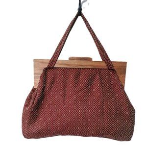 Large 1940s Vintage Red Print Cotton And Wood Frame Knitting Tote Bag Purse